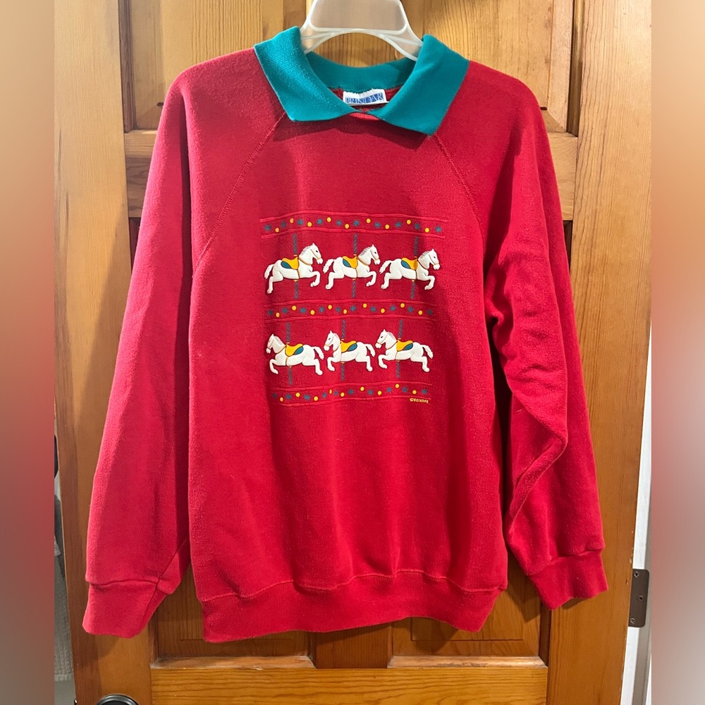 Vintage Brindar Women's Size L Red Collared Sweater Christmas Holiday USA Horse